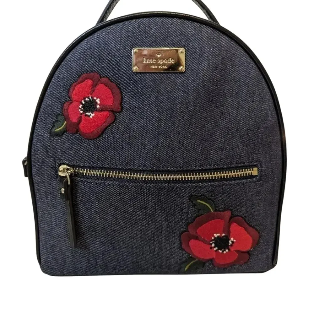 Kate Spade Grove Street Denim Poppy Embroidered Backpack New with Tag MSRP $299